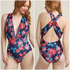 NWT ModCloth Navy Floral Deep-V Swimsuit